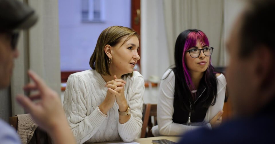 Two students attending a class at Language Atelier School in Prague City Center