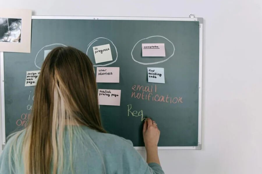 Teacher planning language lessons on blackboard